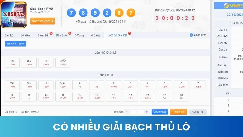 Có nhiều giải lô bạch thủ để người chơi lựa chọn với mức tiền thưởng hấp dẫn.