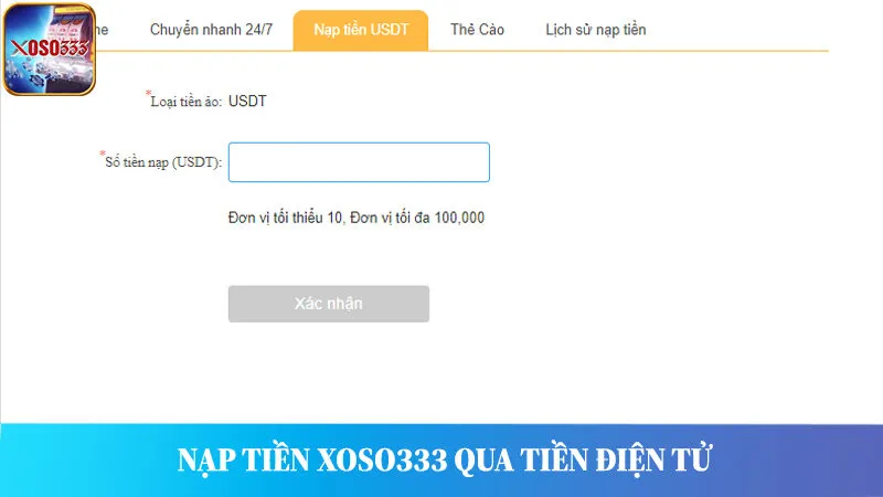 Nạp tiền Xoso333 qua tiền điện tử USDT.